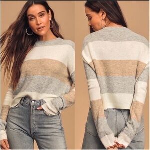 Lulus Think Cozy Thoughts Colorblock Multi stipe Fuzzy Sweater Tan Grey White